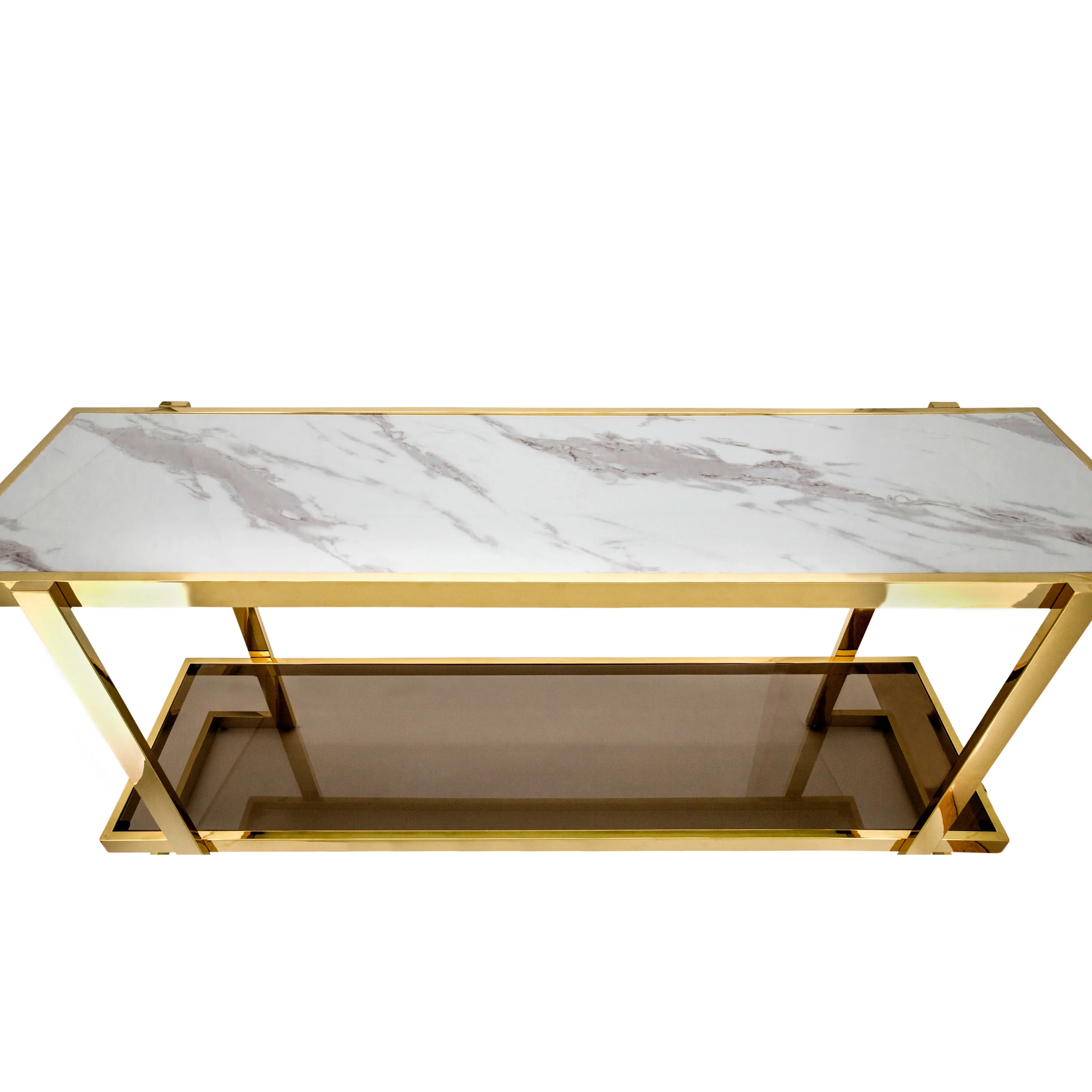 Metal/Marble Glass Console Table, Gold/White