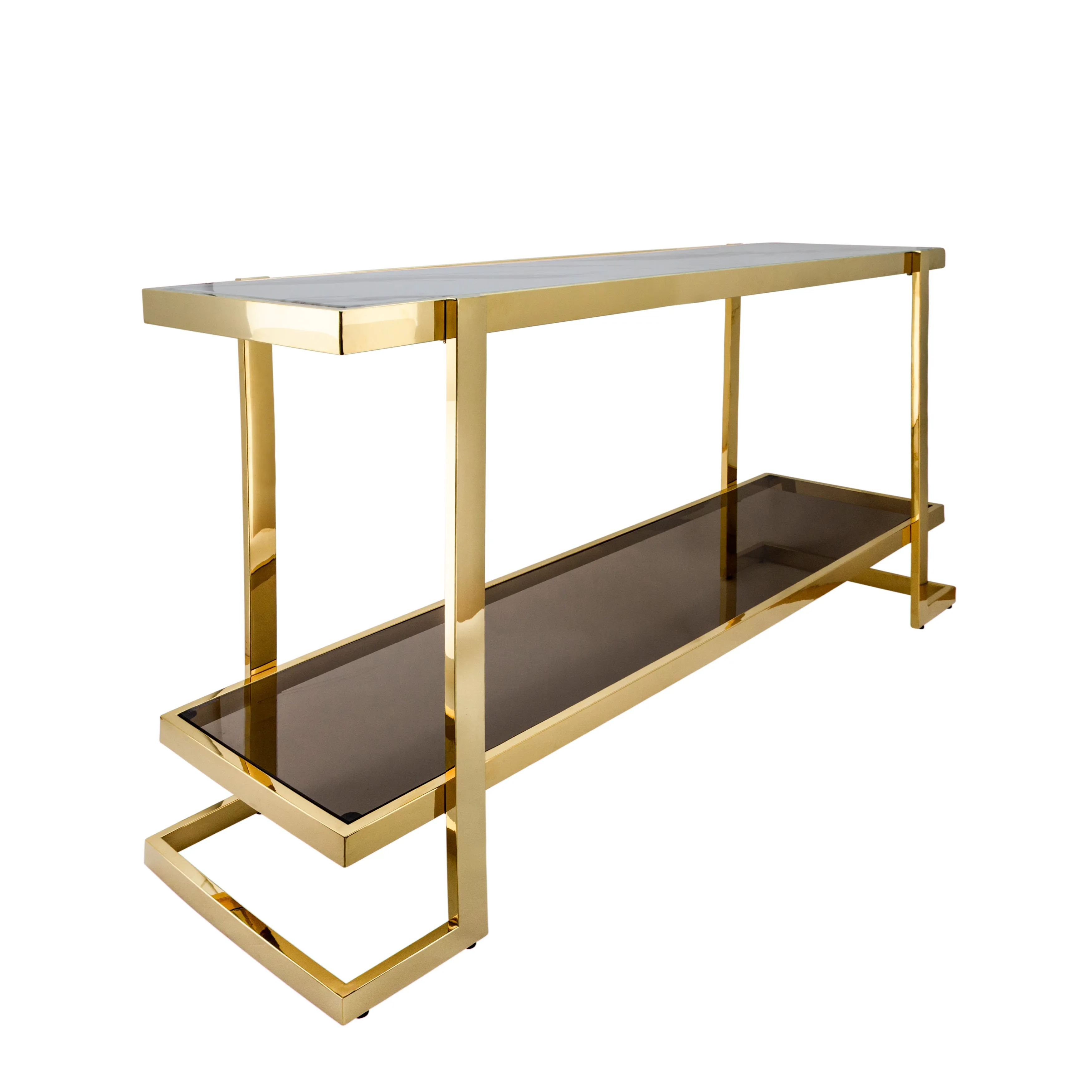 Metal/Marble Glass Console Table, Gold/White
