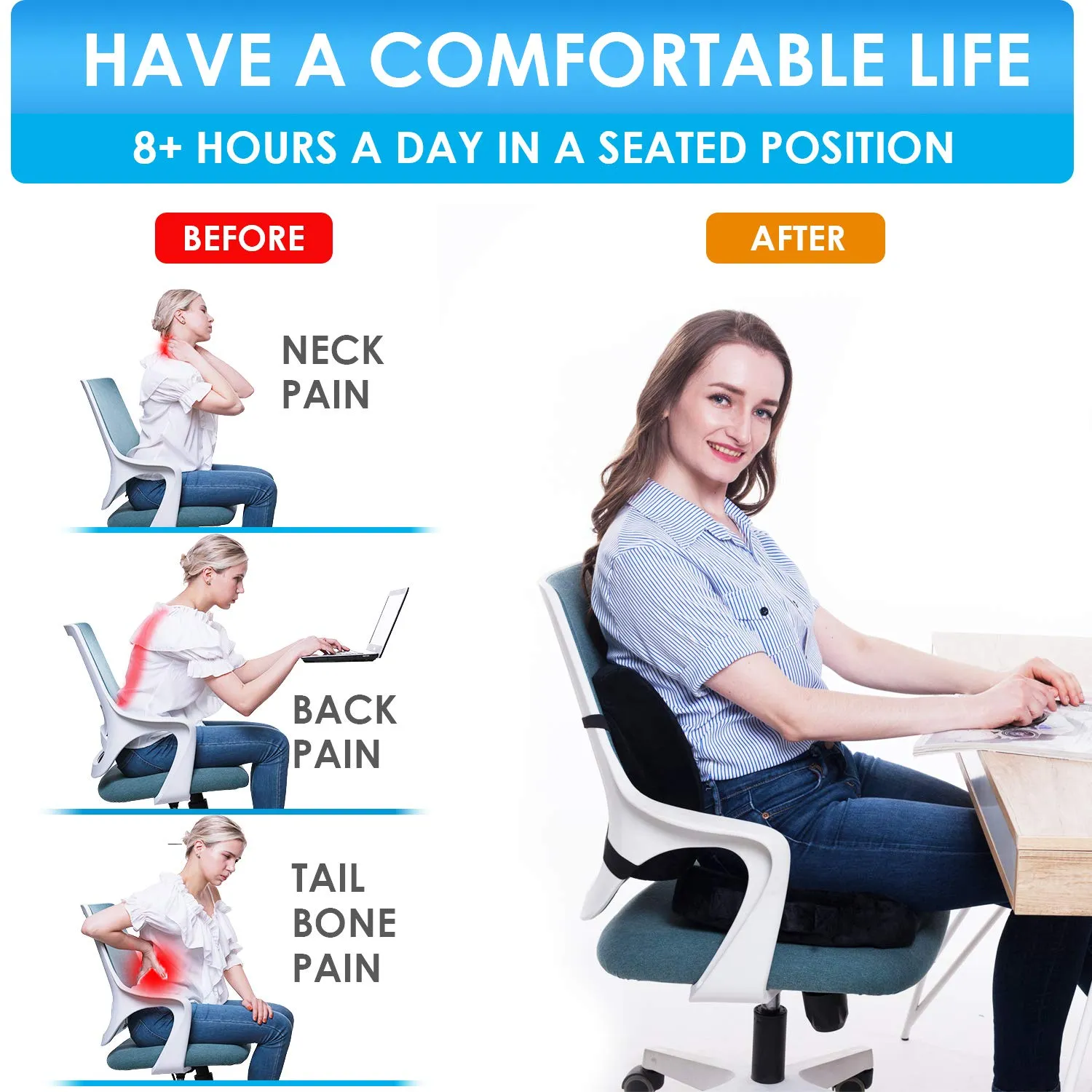 QUTOOL Memory Foam Coccyx Seat Cushion & Lumbar Support Pillow Black
