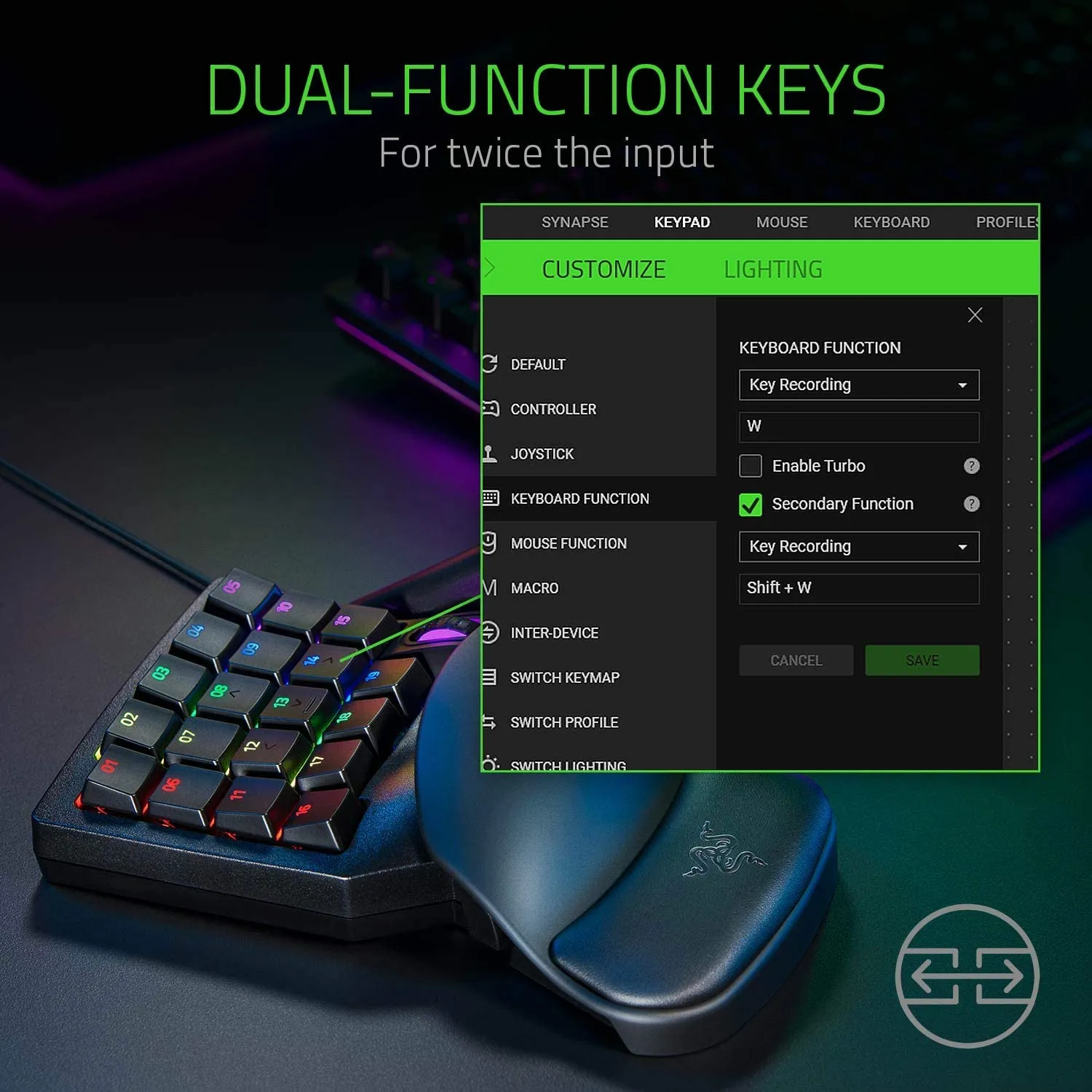 Razer Keyboard Tartarus Pro Gaming Keypad: Analog-Optical Key Switches - 32 Programmable Keys - Customizable Chroma RGB Lighting - Programmable Macros - Variable Key Press Pressure Sensitivity - Classic Black