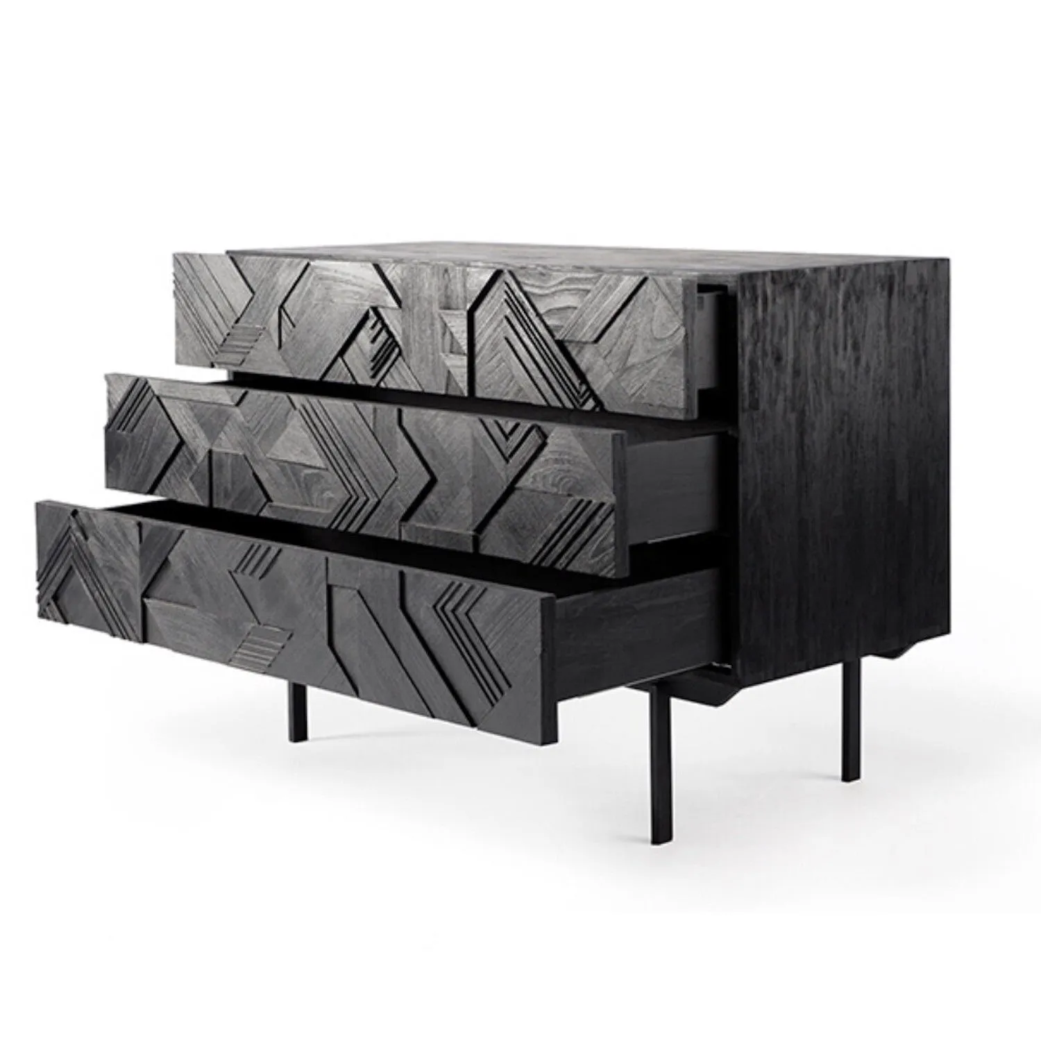 Teak Graphic Black Chest of Drawers - Varnished