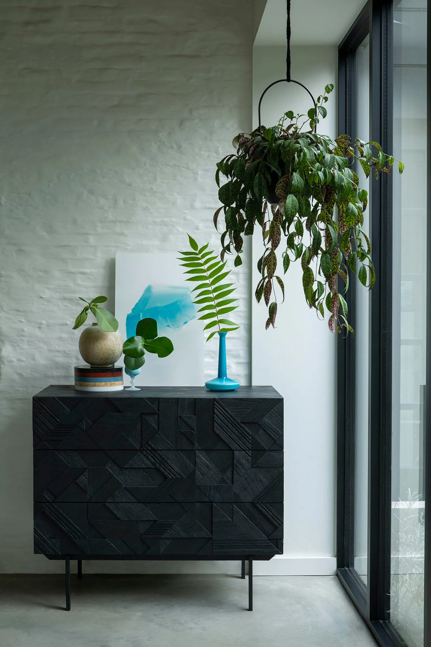 Teak Graphic Black Chest of Drawers - Varnished