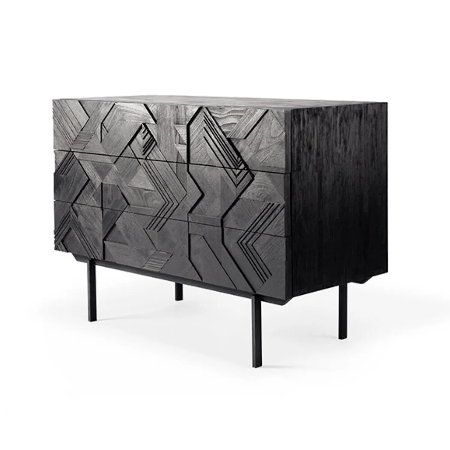 Teak Graphic Black Chest of Drawers - Varnished