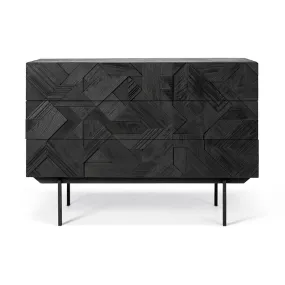 Teak Graphic Black Chest of Drawers - Varnished