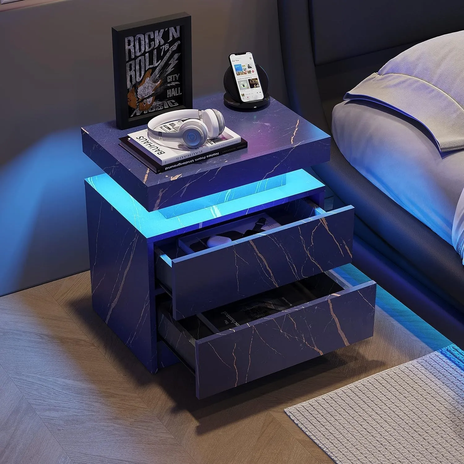 The Gate LED Nightstand with 2 Drawers - Blue Gold