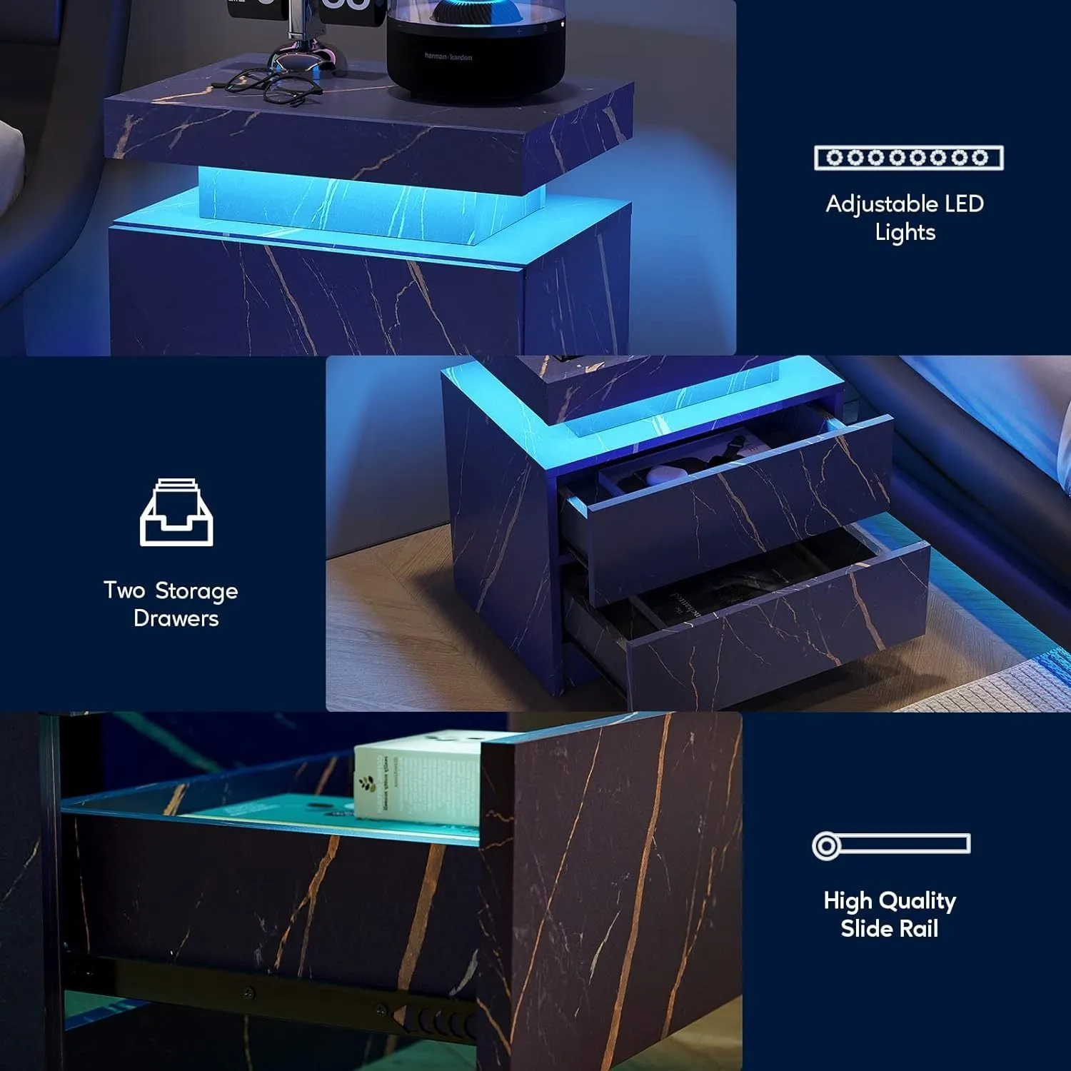 The Gate LED Nightstand with 2 Drawers - Blue Gold