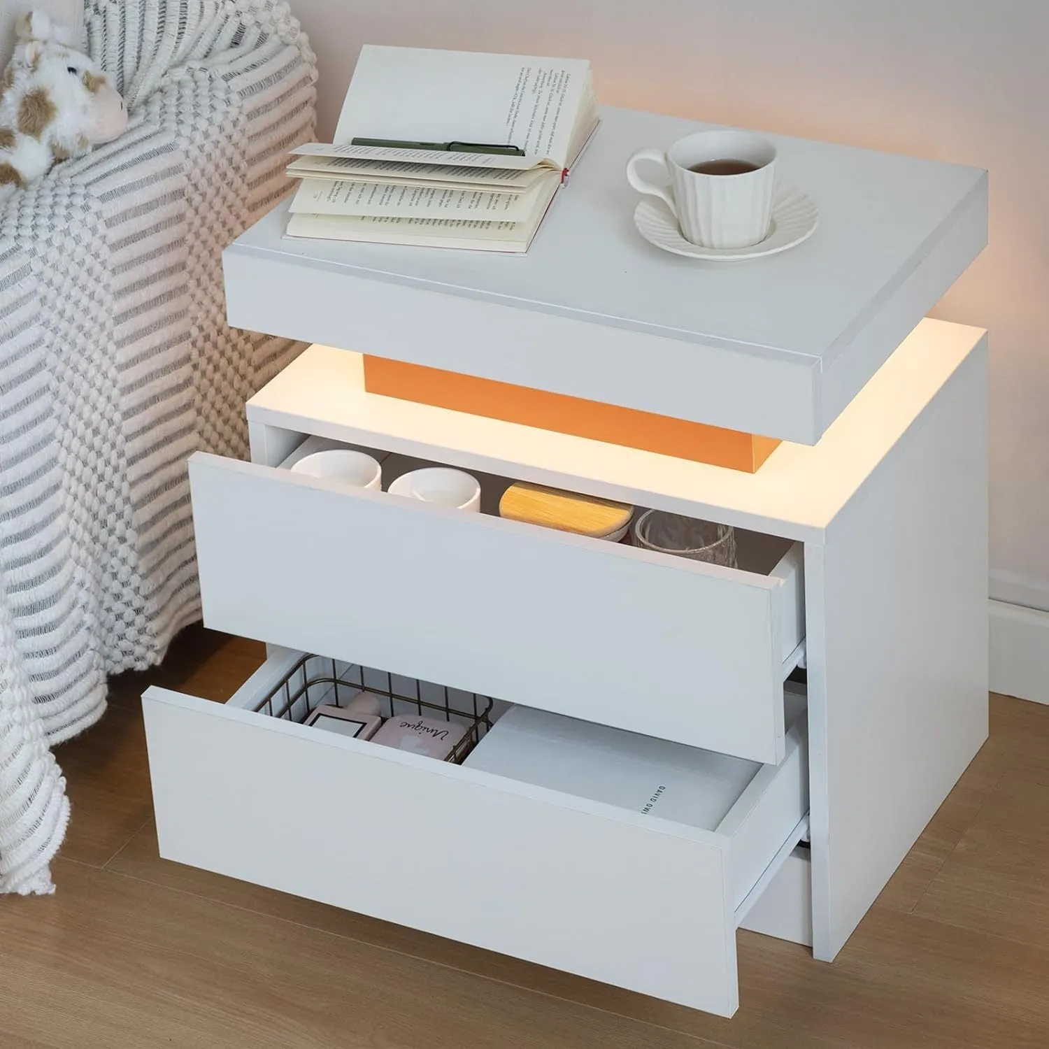 The Gate LED Nightstand with 2 Drawers - Pink White