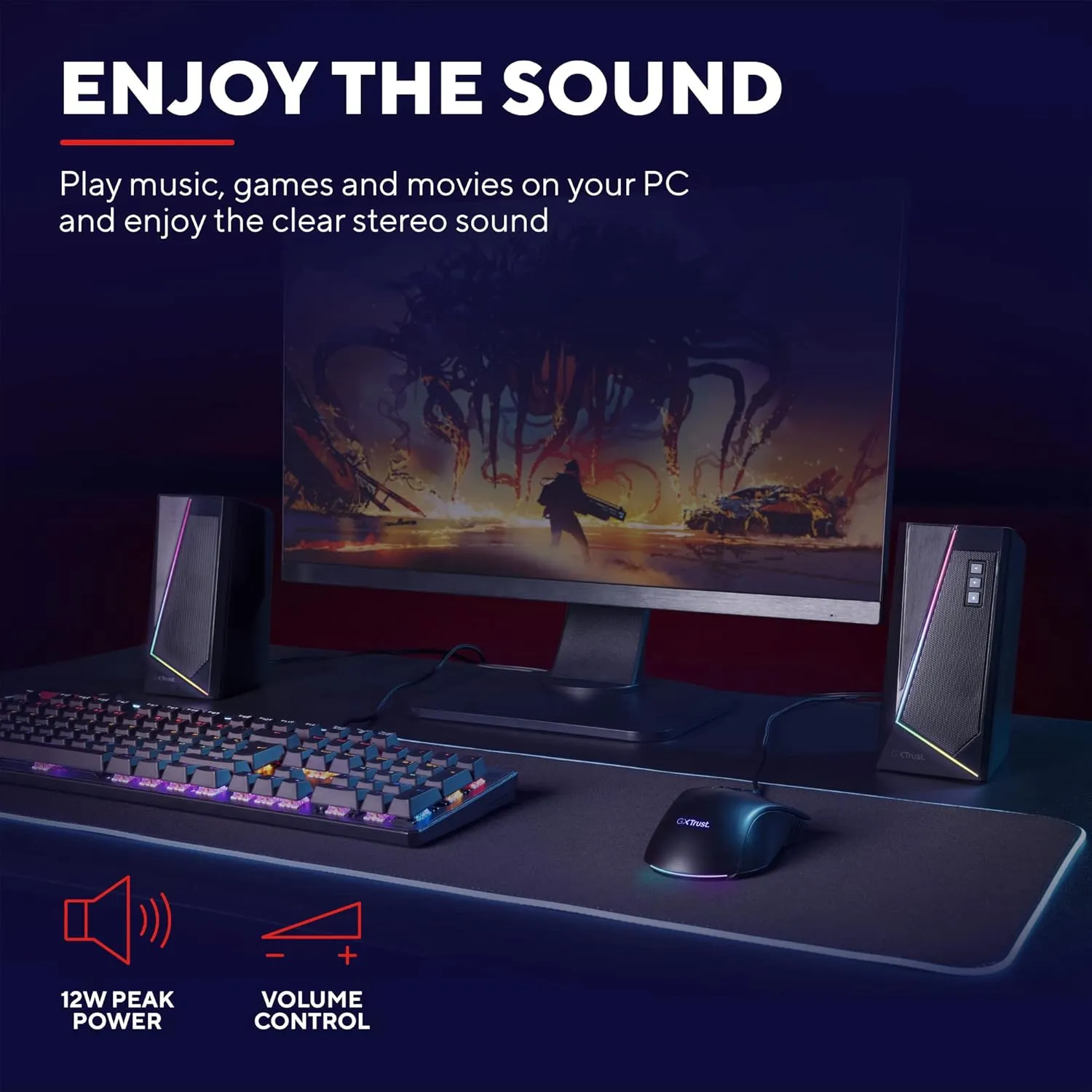 Trust Gaming GXT 609 Zoxa 2.0 PC Speakers, 12W, RGB Lighting, USB Powered, 3.5mm AUX, Volume Control, Stereo Speakers for Desktop & Laptop - Black
