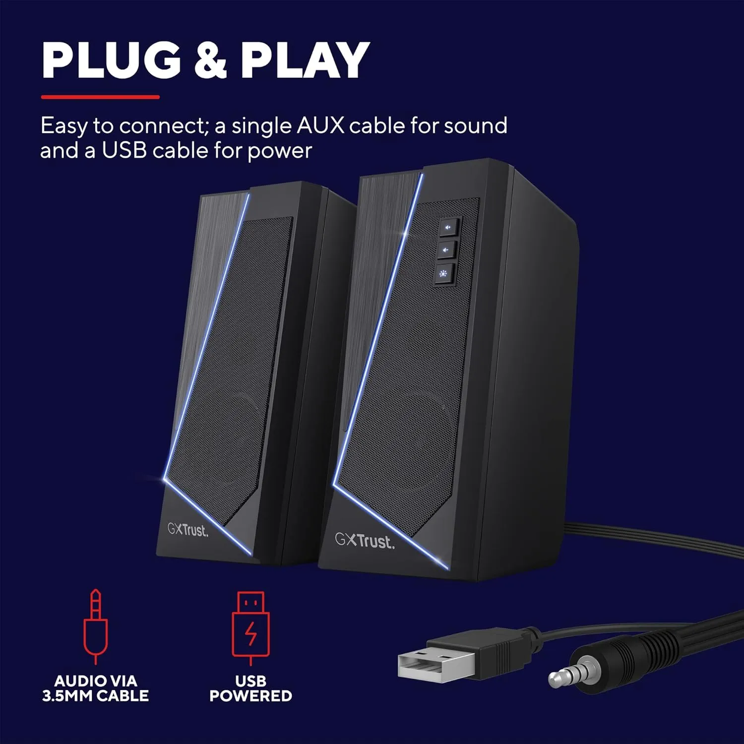 Trust Gaming GXT 609 Zoxa 2.0 PC Speakers, 12W, RGB Lighting, USB Powered, 3.5mm AUX, Volume Control, Stereo Speakers for Desktop & Laptop - Black