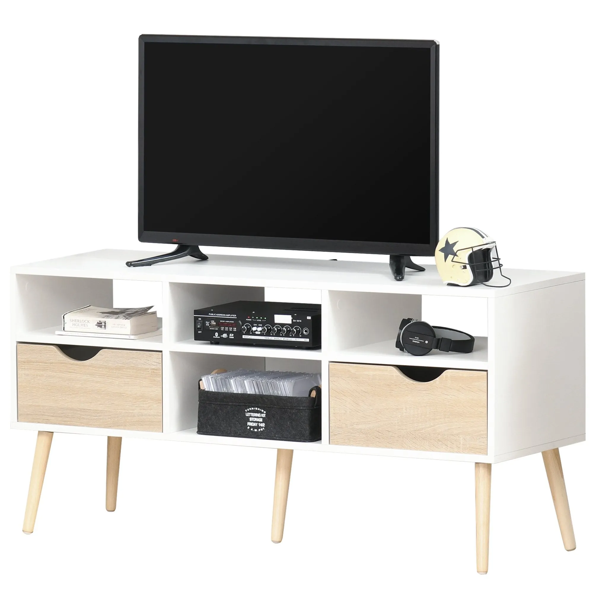 TV Cabinet Stand Unit for TVs up to 42'' Flat Screen with Drawer and Compartments, Entertainment Center for Living Room, Bedroom Media Shelves