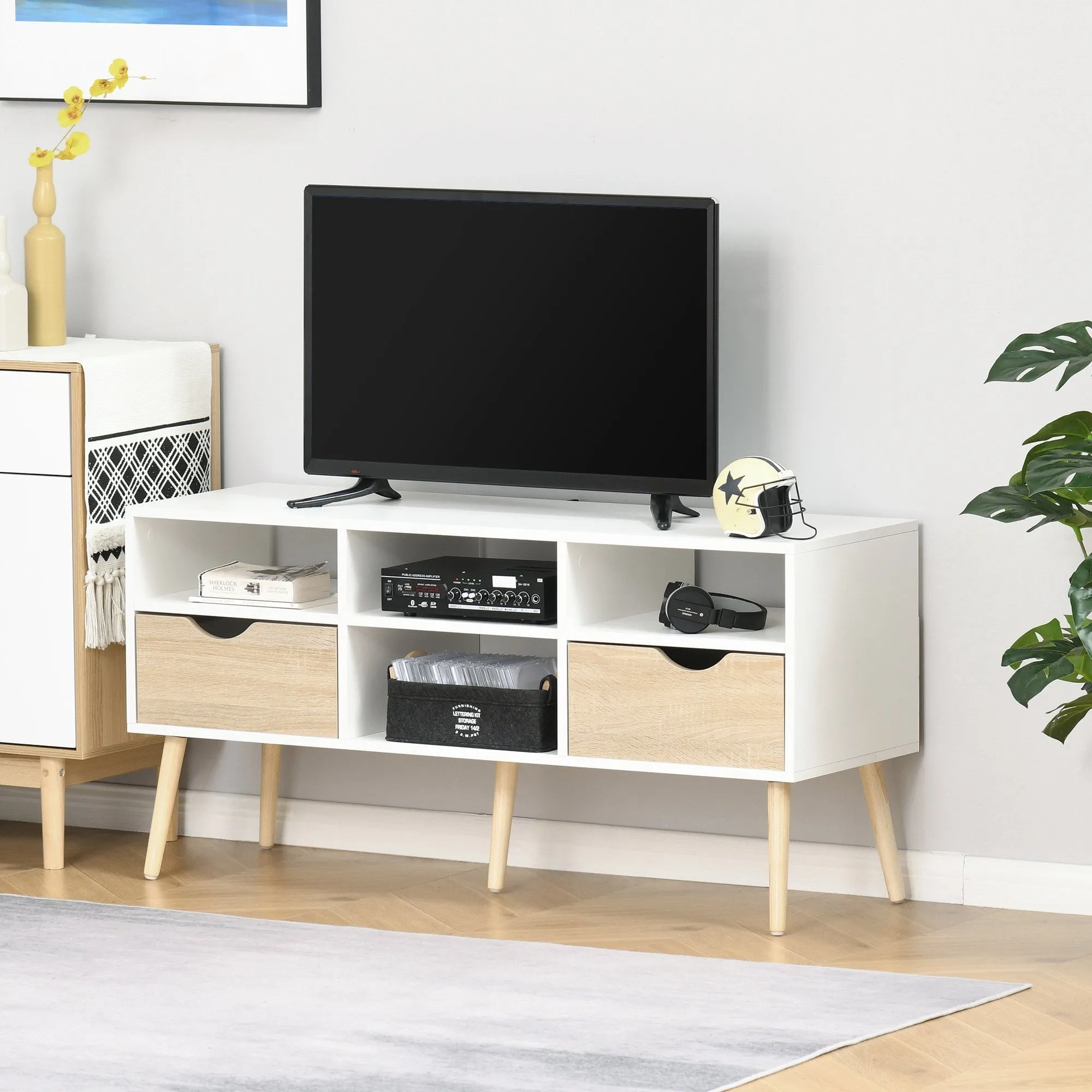 TV Cabinet Stand Unit for TVs up to 42'' Flat Screen with Drawer and Compartments, Entertainment Center for Living Room, Bedroom Media Shelves